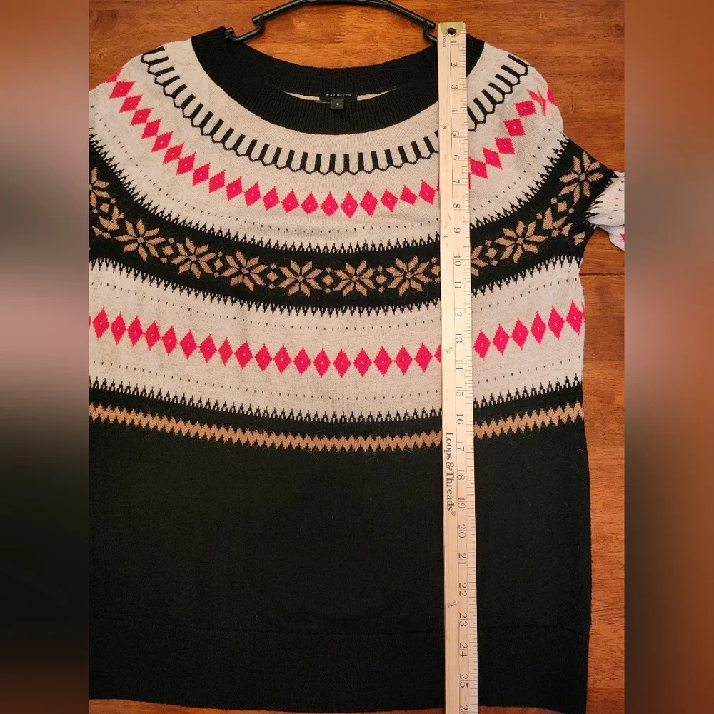 Talbots Fair Isle Wool Blend Sweater Black W Multi-Color L Holiday Cabincore - Picture 7 of 9